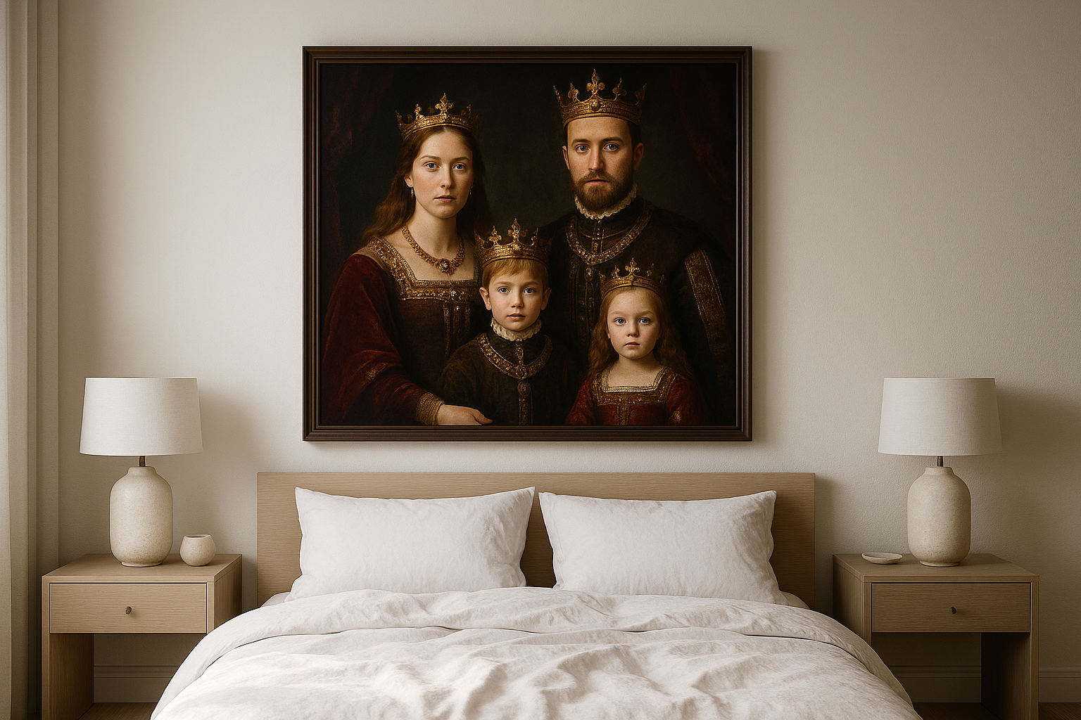 Serene bedroom with a Renaissance royal family portrait above the bed