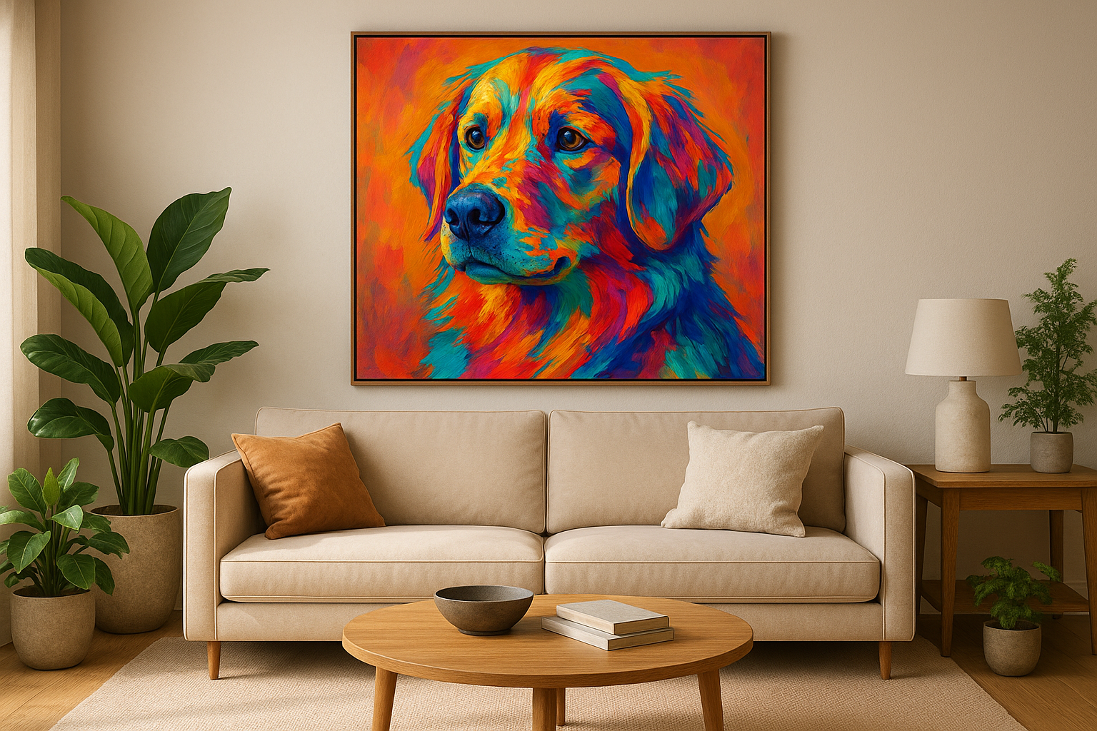 Modern living room with a colorful expressionist painting of a golden retriever above the sofa