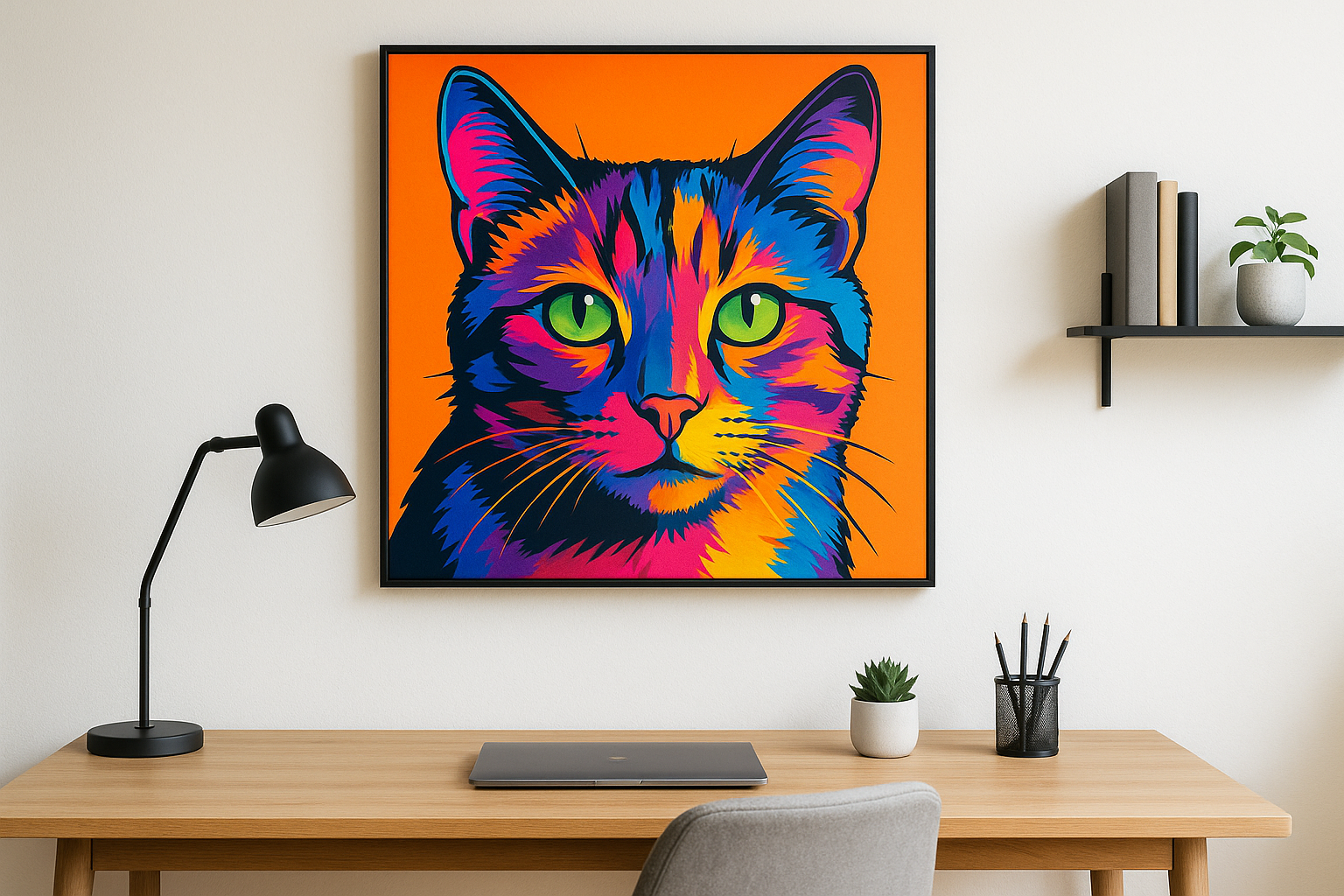Stylish home office with a vibrant pop art cat portrait on the wall
